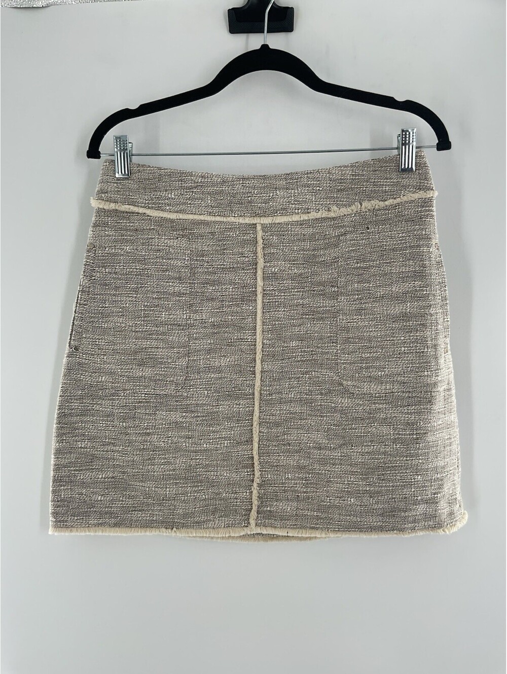 H&M Women’s Size 10 Women’s Beige And Brown Woven Skirt Fringe Pockets 018